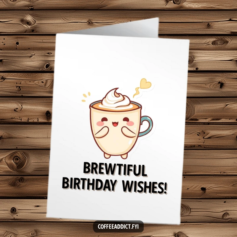 Funny Free Printable birthday card: a Kawaii latte art character expertly swirls a heart shape with flair.