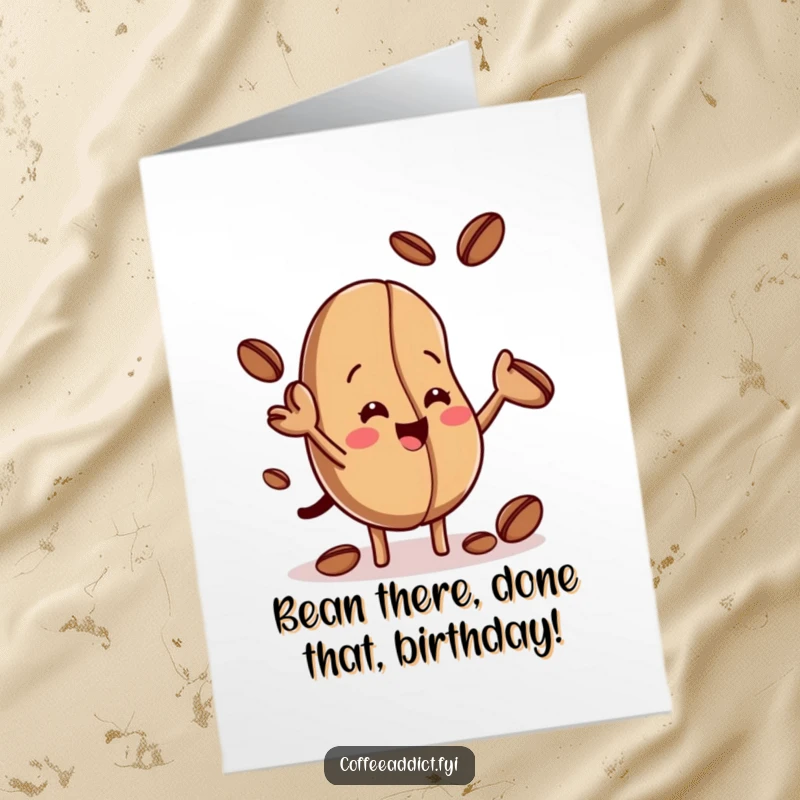 Funny Free Printable Birthday Card featuring a cheerful coffee bean juggling smaller beans, spreading joy and laughs, a downloadable delight.