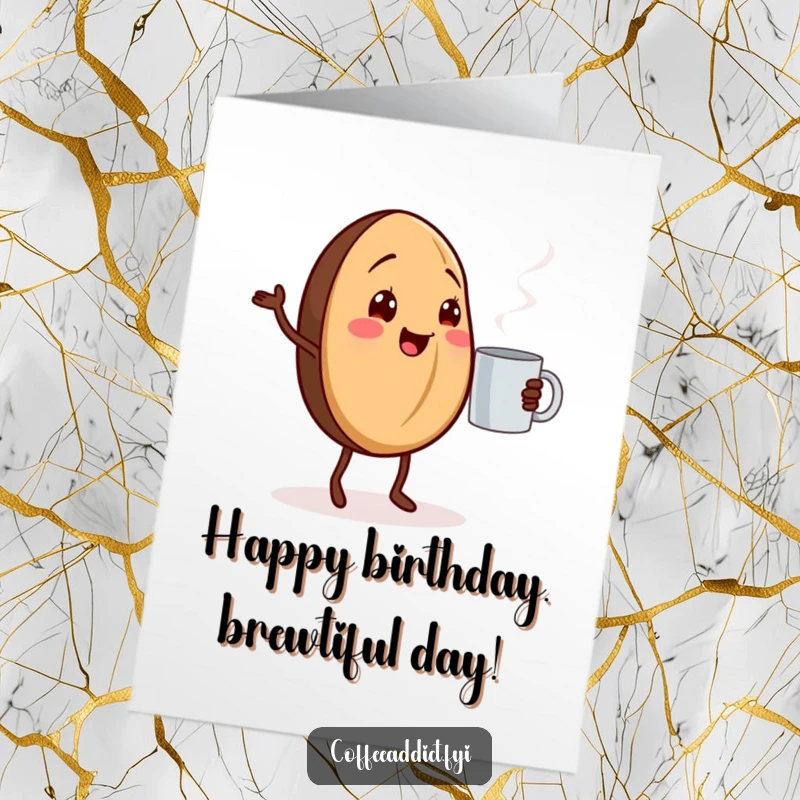 Funny Free Printable Birthday Card: Cheerful Coffee Bean Dancing Next to Steaming Mug
