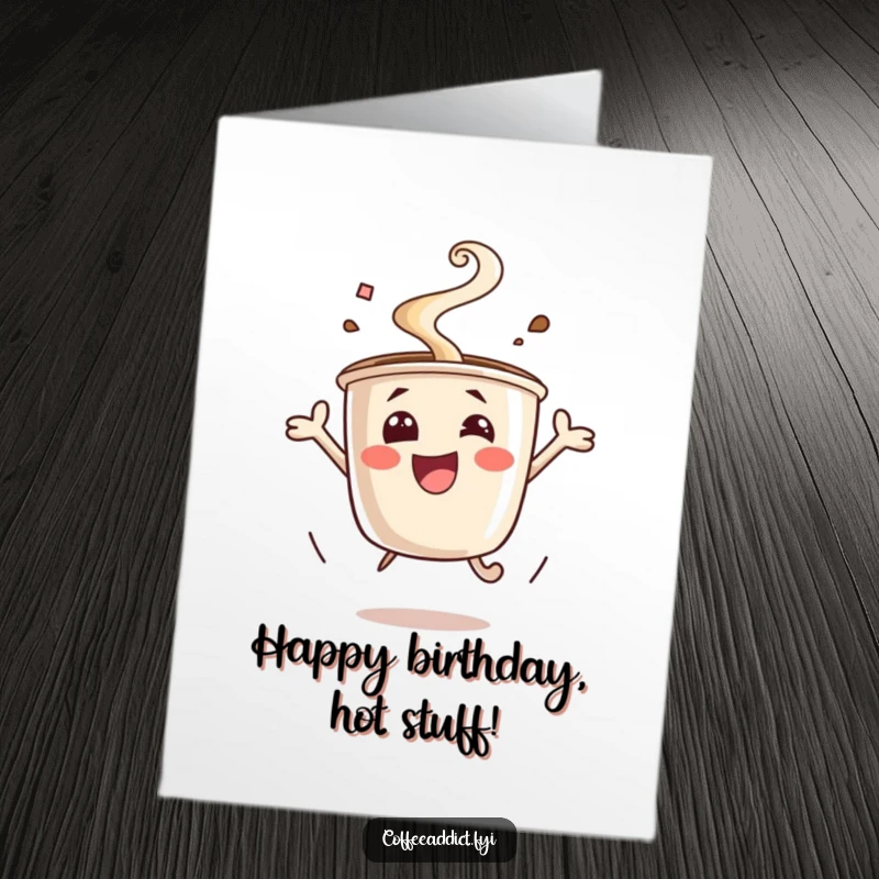 Funny Free Printable Birthday Card: An excited coffee cup jumping with joy, steam rising, perfect downloadable gift.