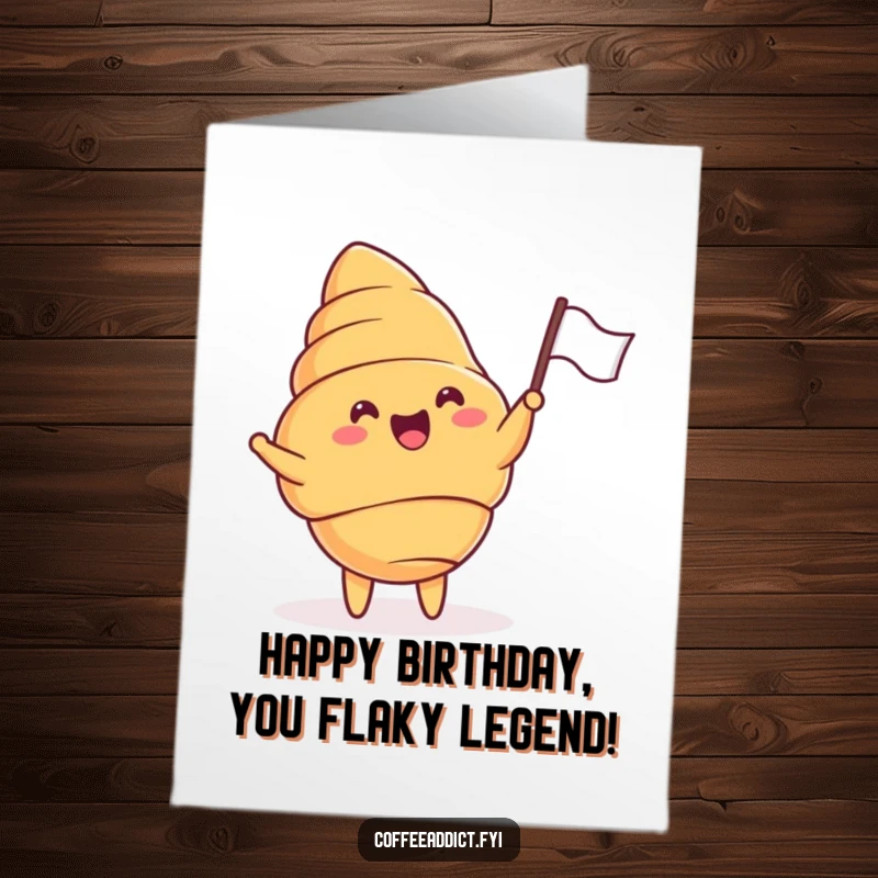 Funny Free Printable Birthday Card: A croissant cheers and waves a tiny flag with pure delight on a birthday.