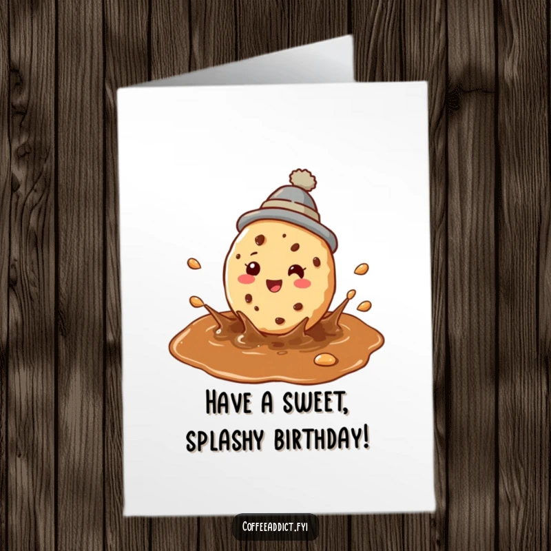 Funny Free Printable Birthday Card: Perky Cookie in Tiny Hat Joyfully Splashing in Coffee Puddle