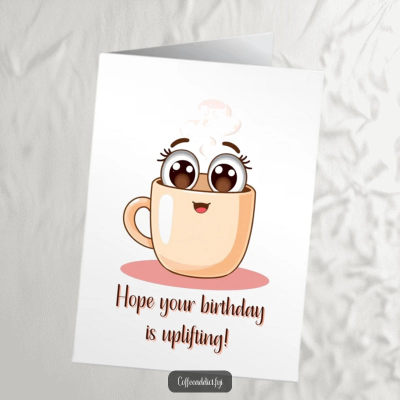Funny Free Printable Birthday Card: Steaming coffee mug character with wide happy eyes, floating upwards energetically.