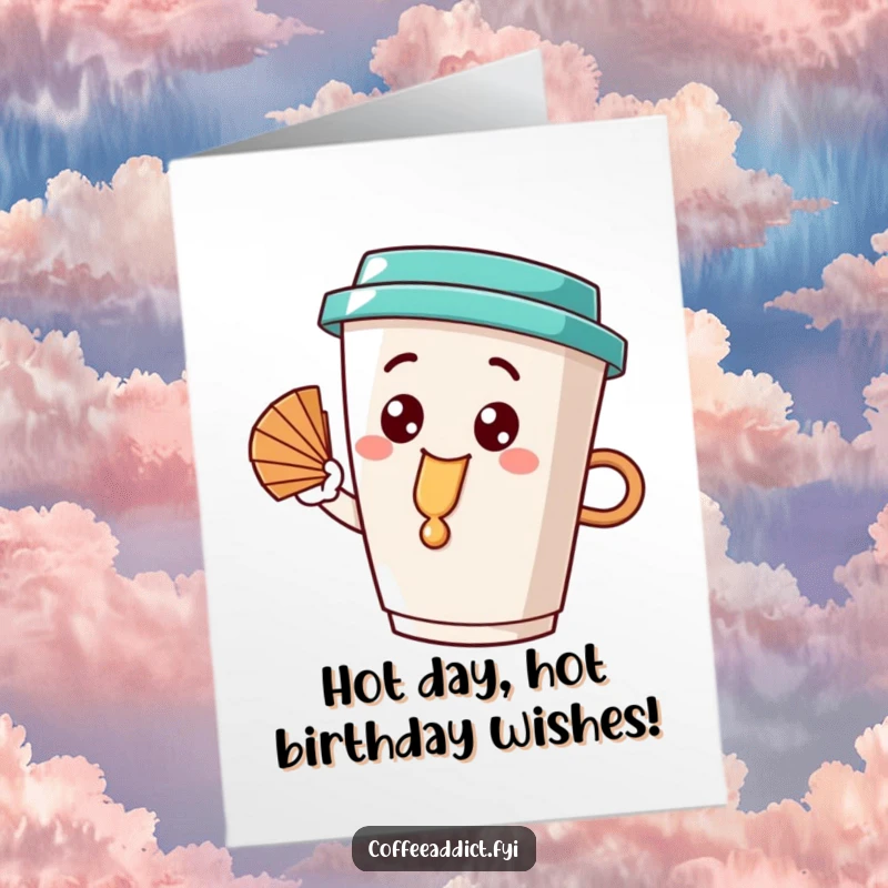 Funny Free Printable Birthday Card: Coffee cup character happily dribbling and fanning itself in the heat.
