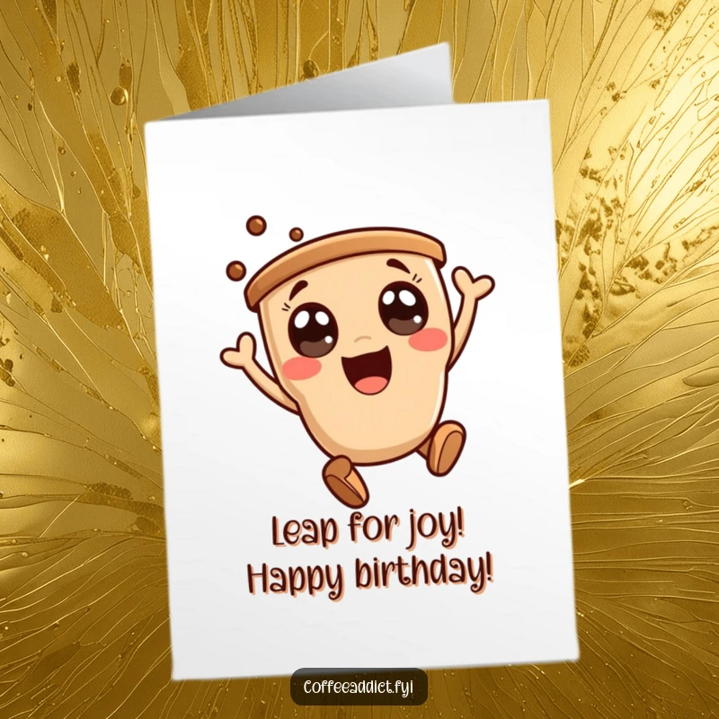 Funny Free Printable Birthday Card: A cute kawaii coffee character with wide eyes leaps joyfully, radiating pure birthday excitement.