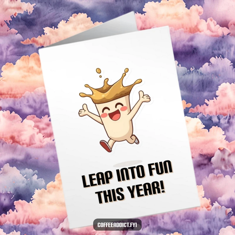 Funny Free Printable Birthday Card: A coffee splash character leaping energetically, symbolizing enthusiasm and celebration. Humorous downloadable art.