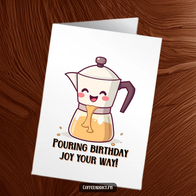 Funny Free Printable Birthday Card: Kawaii coffee pot with a wide smile pouring a cascade of coffee for a birthday.