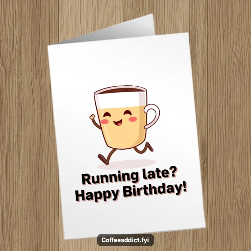 Funny Free Printable Birthday Card: A smiling coffee cup with legs sprints excitedly towards a steaming pot, ready to celebrate.