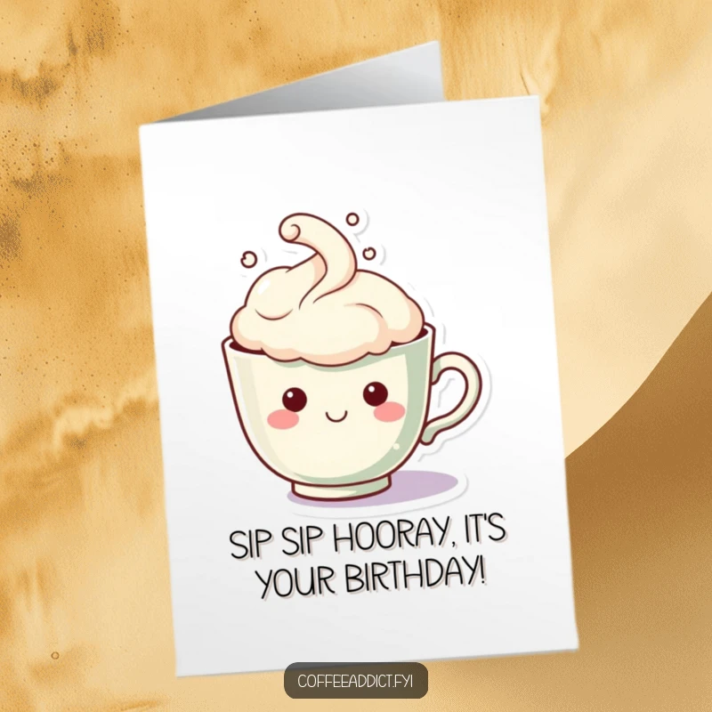 Funny Free Printable Birthday Card: Kawaii teacup with steam cloud forming a happy face, sending warm birthday wishes, downloadable charm.