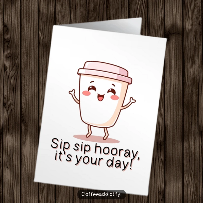 Funny Free Printable Birthday Card: Kawaii coffee cup dancing joyfully, spreading birthday happiness, perfect downloadable cheer.