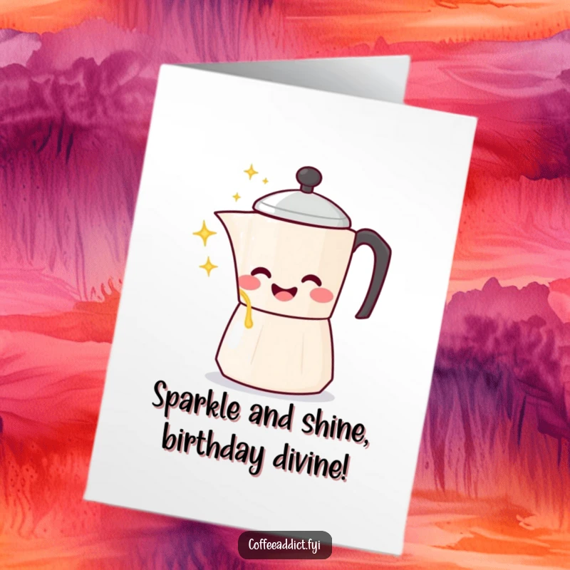 Funny Free Printable Happy Birthday Card featuring a kawaii coffee pot character gleefully pouring sparkling liquid, laughing heartily.