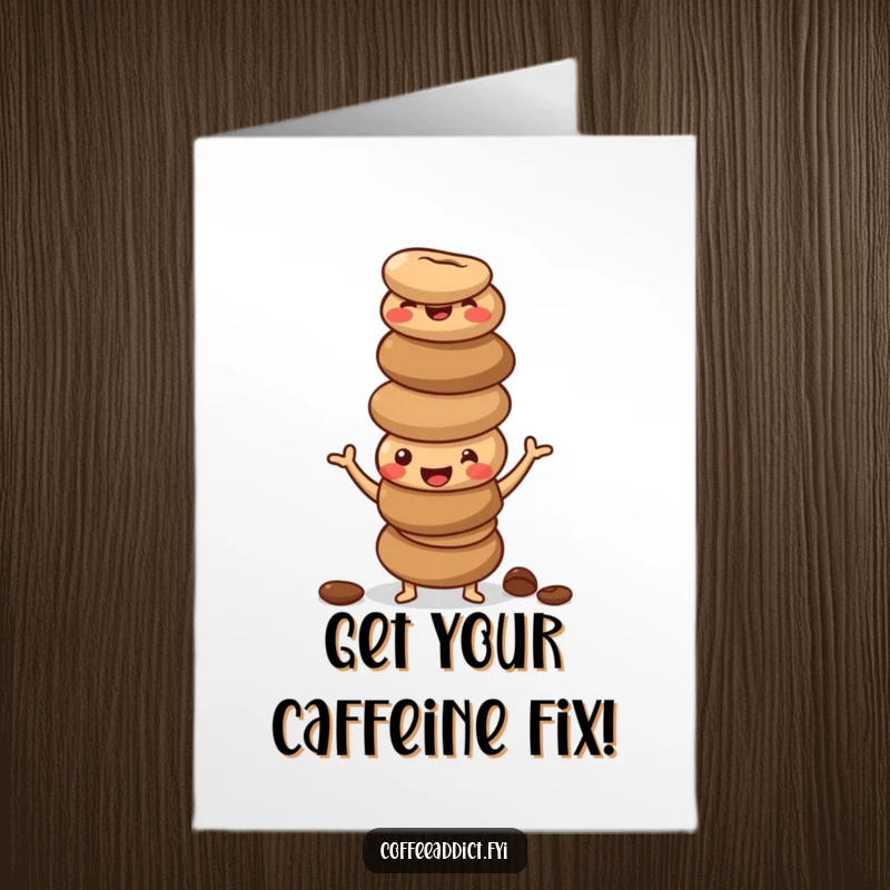 Funny Free Printable Coffee Bean Birthday Card: A stack of happy coffee beans striking a silly, wobbly pose.