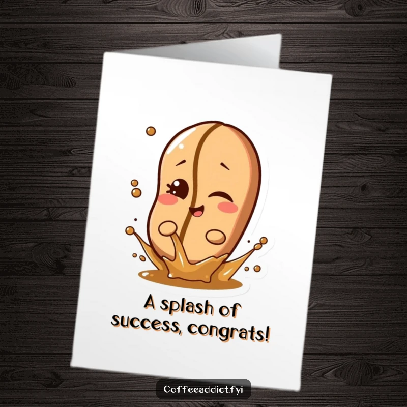 Mischievous Free Printable Congratulations Card: Coffee bean character winking while splashing a tiny amount of liquid.