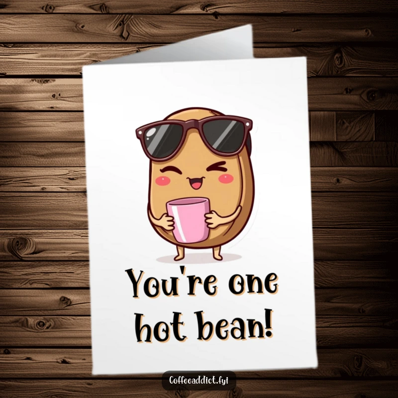 Funny Free Printable Coffee Bean Congratulation Card: A coffee bean wearing sunglasses winks suggestively while holding a small mug.