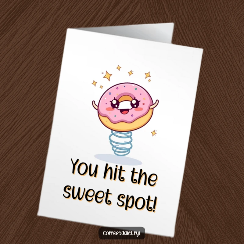 Funny Free Printable Congrats Card: A donut with starry eyes bounces happily on a spring, celebrating a big achievement.