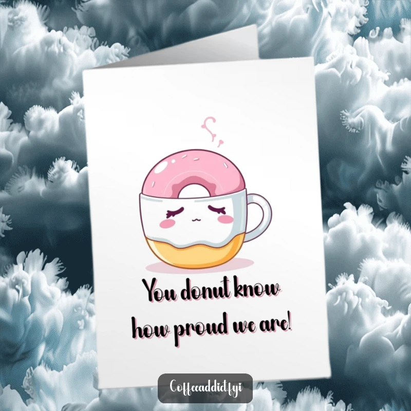 Funny Free Printable Congratulations Card: A sleepy donut with droopy eyes gets a gentle nudge from a coffee mug. Celebrate success!