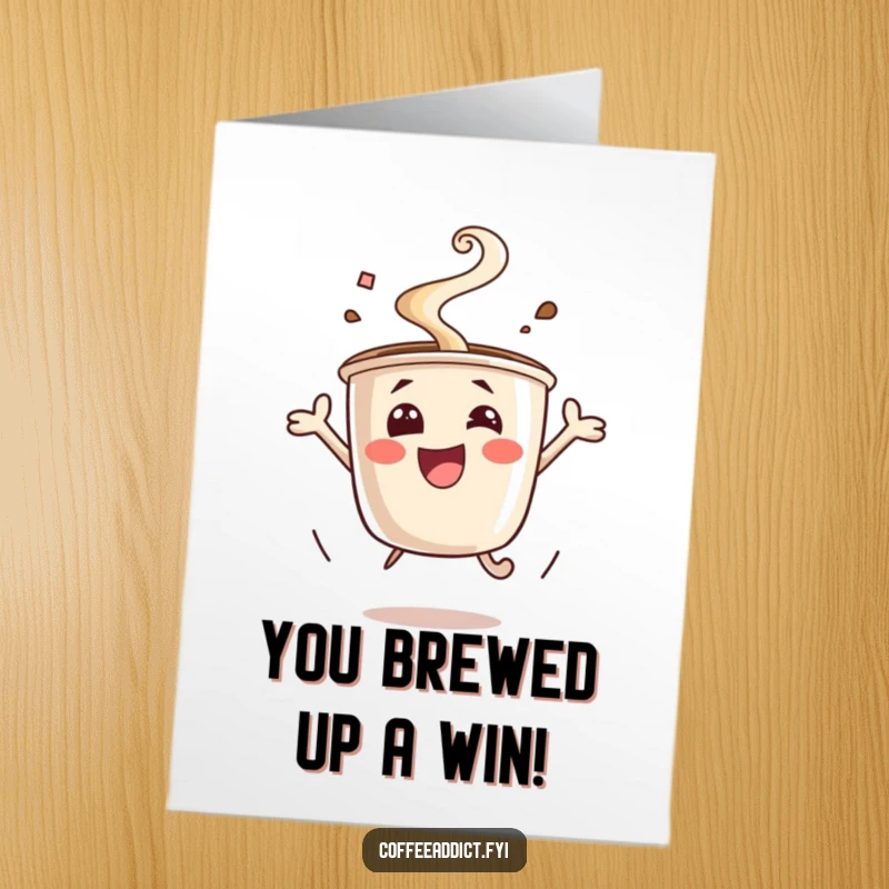 Funny Free Printable Congrats Card: An excited coffee cup jumping for joy, steam rising, great congratulatory download.