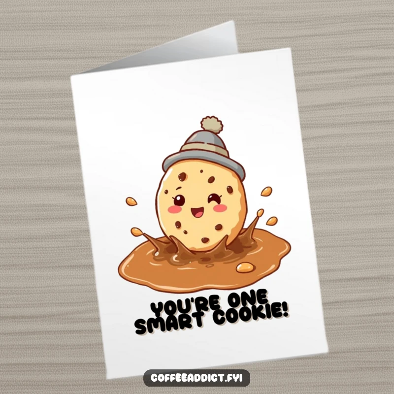 Funny Free Printable Congratulations Card: Perky Cookie in Tiny Hat Joyfully Splashing in Coffee Puddle