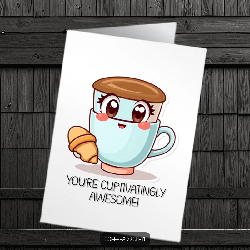 Funny Free Printable Congratulations Card: Kawaii coffee cup with wide, happy eyes, holding a tiny croissant, celebrating success joyfully.