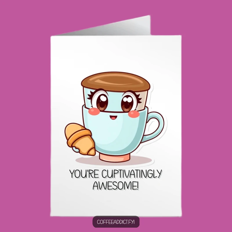 Free Printable Congrats Card: Happy Kawaii Coffee Cup & Croissant, Celebrate Success, Downloadable Gift