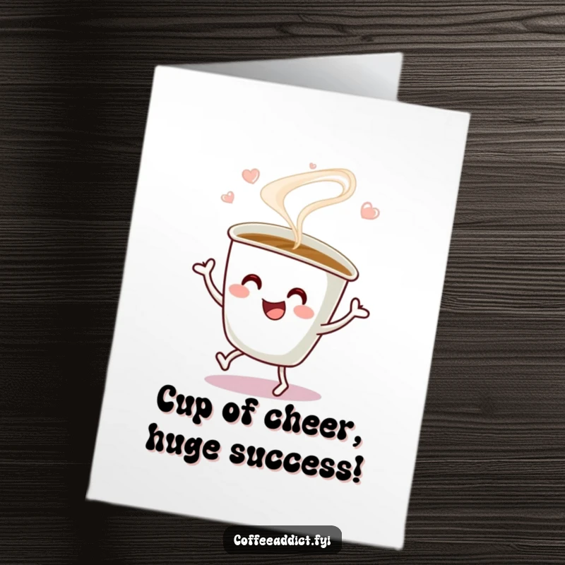 Funny Free Printable Congratulations Card: A coffee cup with energetic steam dances a happy jig to celebrate achievements.