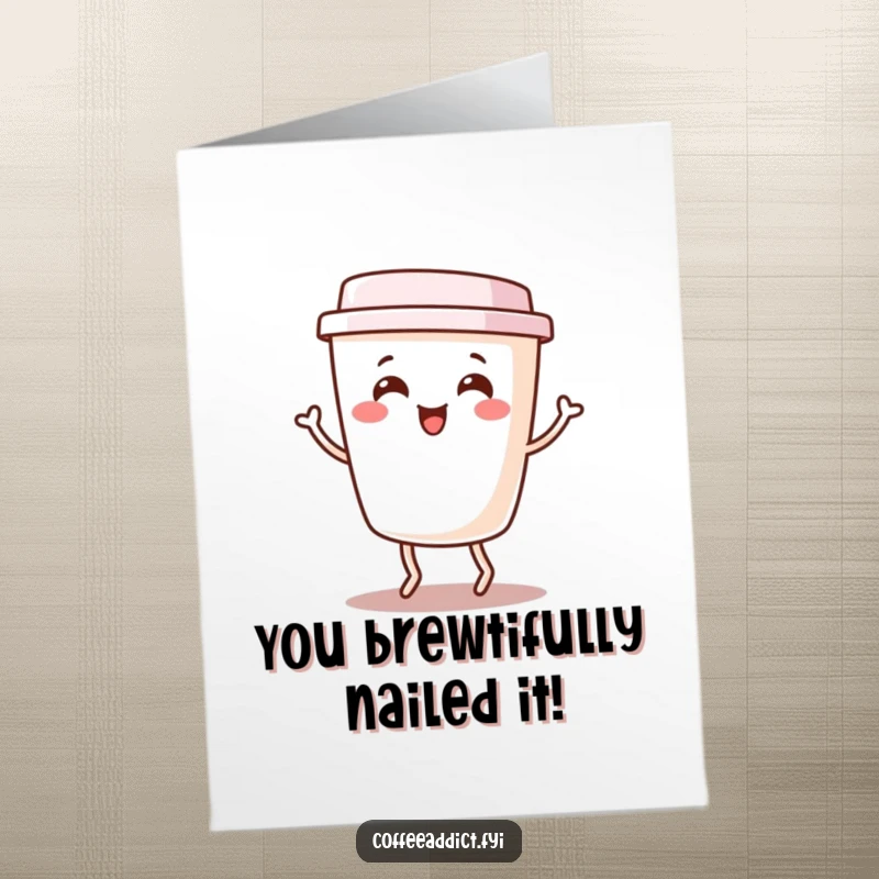 Funny Free Printable Congrats Card: Kawaii coffee cup doing a happy jig, celebrating achievements with downloadable energy.