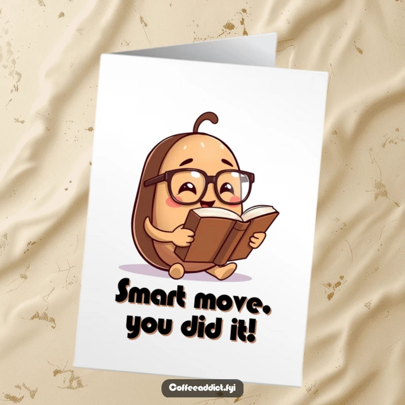 Funny Free Printable congratulations card with a coffee bean character wearing spectacles, reading a large book, a knowledgeable downloadable gift.
