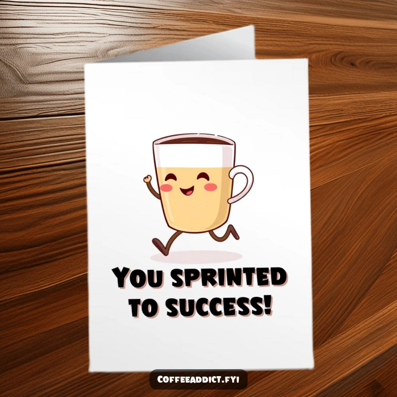 Funny Free Printable Congrats Card: A smiling coffee cup with legs races towards victory, offering a cheerful congratulations.