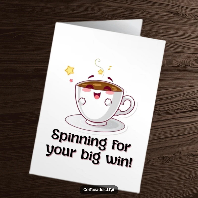 Funny Free Printable Congrats Card: Coffee saucer character spinning with delight, a dynamic DIY gift.