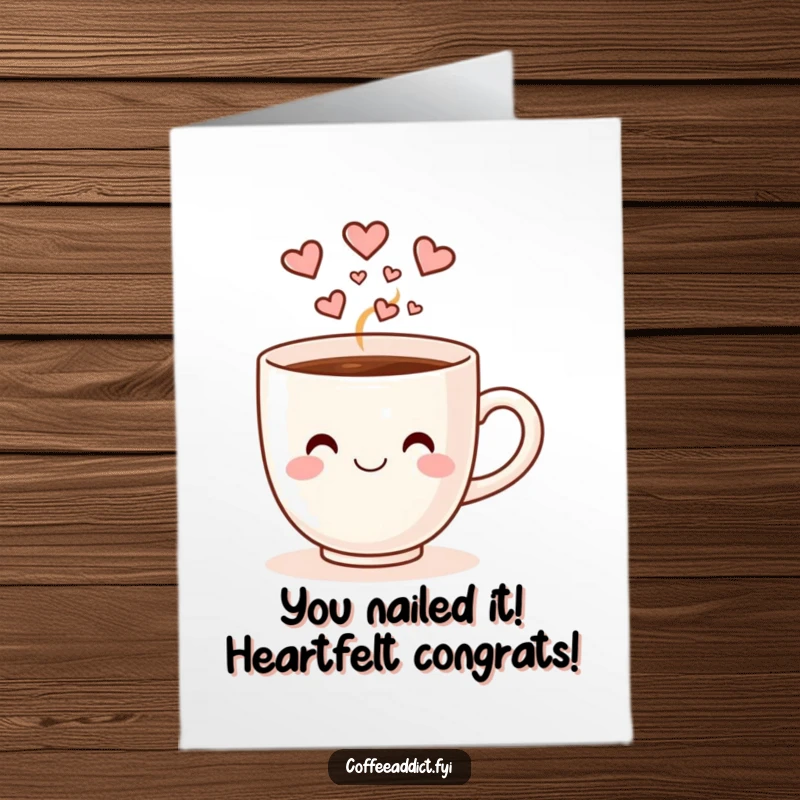 Funny Free Printable Congrats Card: A smiling coffee cup with heart-shaped steam doing a happy dance to celebrate.