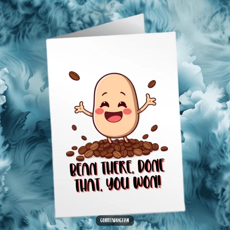 Funny Free Printable Congrats Card: Cute kawaii coffee bean character joyfully bouncing and spilling beans with excitement.