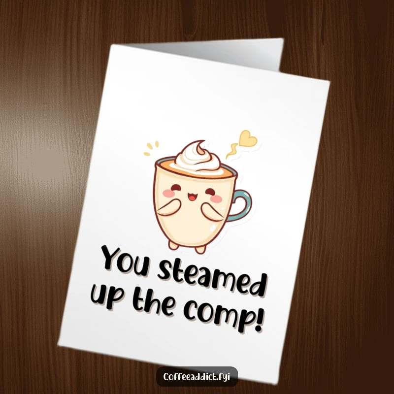 Funny Free Printable congratulations card: a Kawaii latte art character gracefully creates a heart shape.