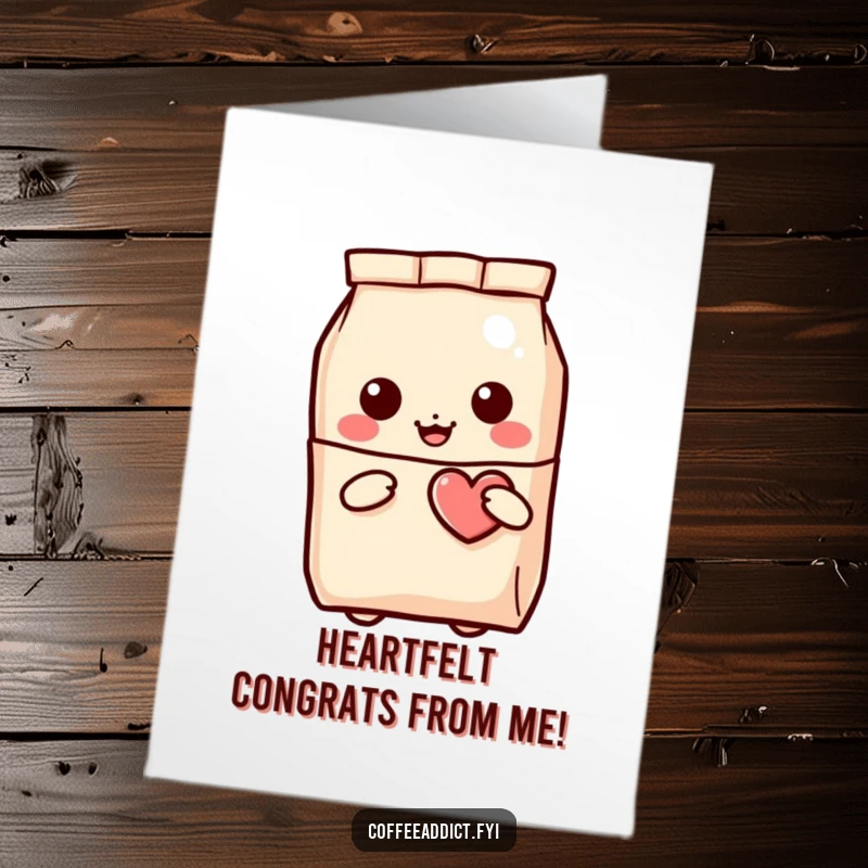 Funny Free Printable Congratulations Card: Kawaii coffee bag peeking out, holding a winking heart, celebrating success with love.