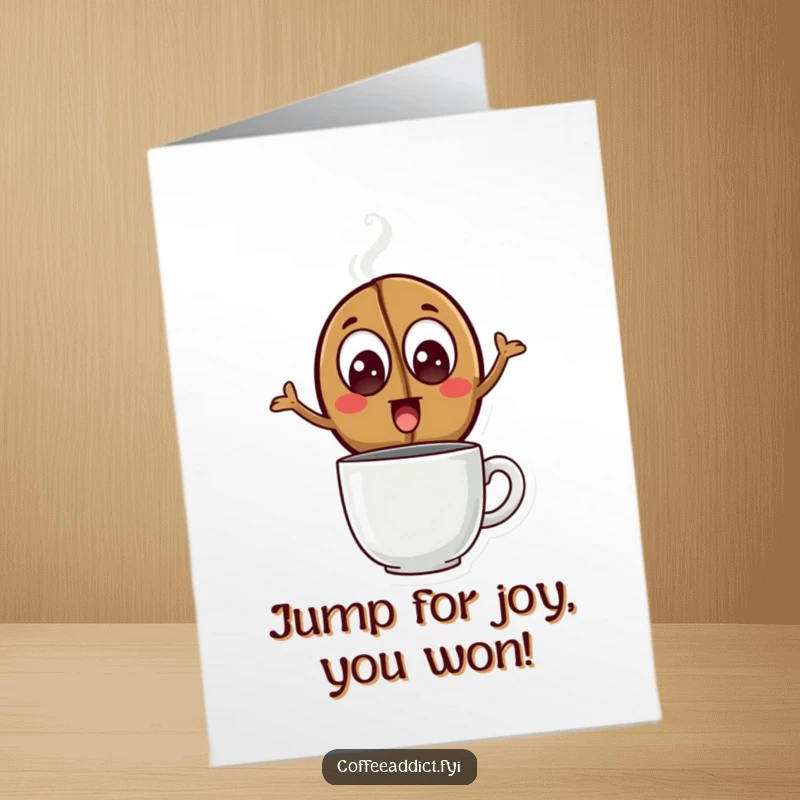 Funny Free Printable Congratulations Card: An excited coffee bean leaps over a steaming mug, celebrating success with energy.