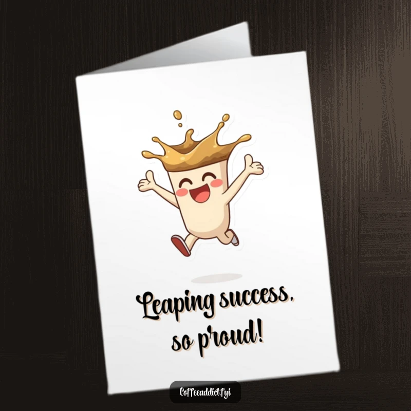 Funny Free Printable Congratulations Card: A coffee splash character leaping with extreme enthusiasm, celebrating a success. Downloadable art.
