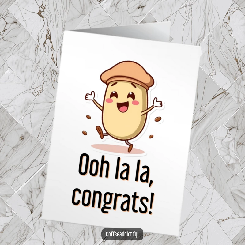 Chic Free Printable Congratulations Card: A coffee bean in a beret dancing with sophisticated flair.