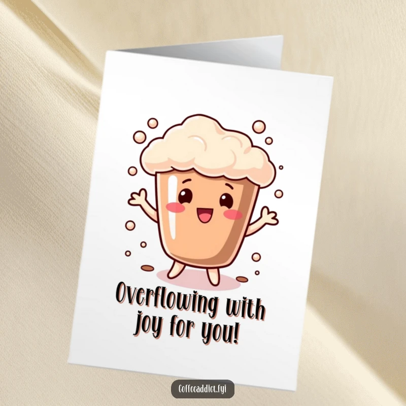 Funny Free Printable Congratulations Card: A joyful coffee cup with bubbly foam performs a playful dance for congratulations.