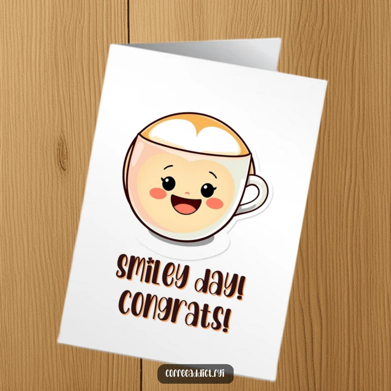 Funny Free Printable Congratulations Card: Kawaii latte art forming a bright smiley face in a cup, celebrating achievements with cheer.
