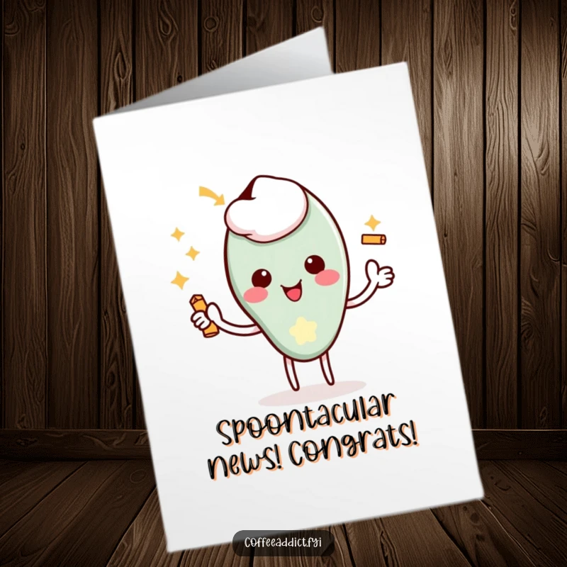Funny Free Printable Congratulations Card: Kawaii coffee spoon character doing a delighted flourish with a tiny jingle, celebrating success.