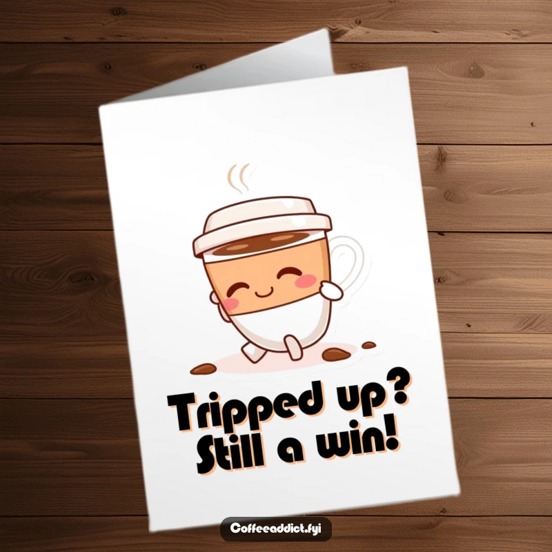 Hilarious Free Printable Congratulations Card: Coffee cup character stumbling but smiling and dusting itself off.