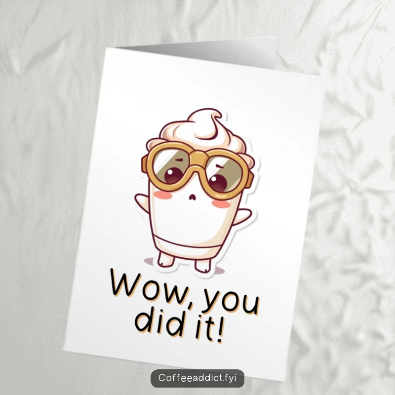 Funny Free Printable Congratulations Card: A kawaii coffee cup in oversized goggles shows a surprised expression. A cute and funny downloadable card.
