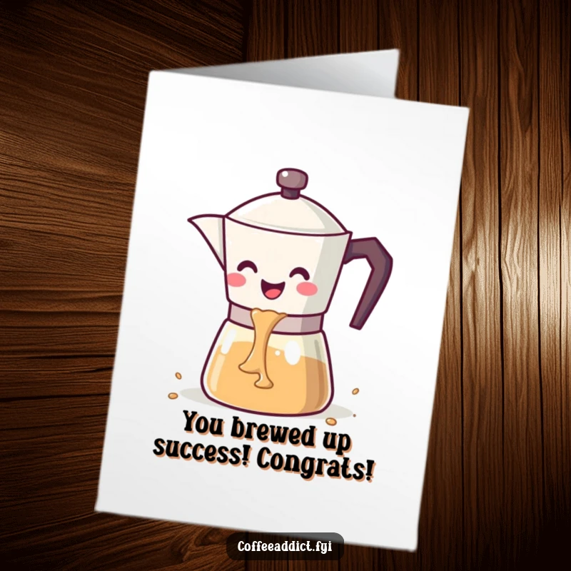 Funny Free Printable Congrats Card: A smiling kawaii coffee pot pouring a happy cascade of coffee to celebrate.