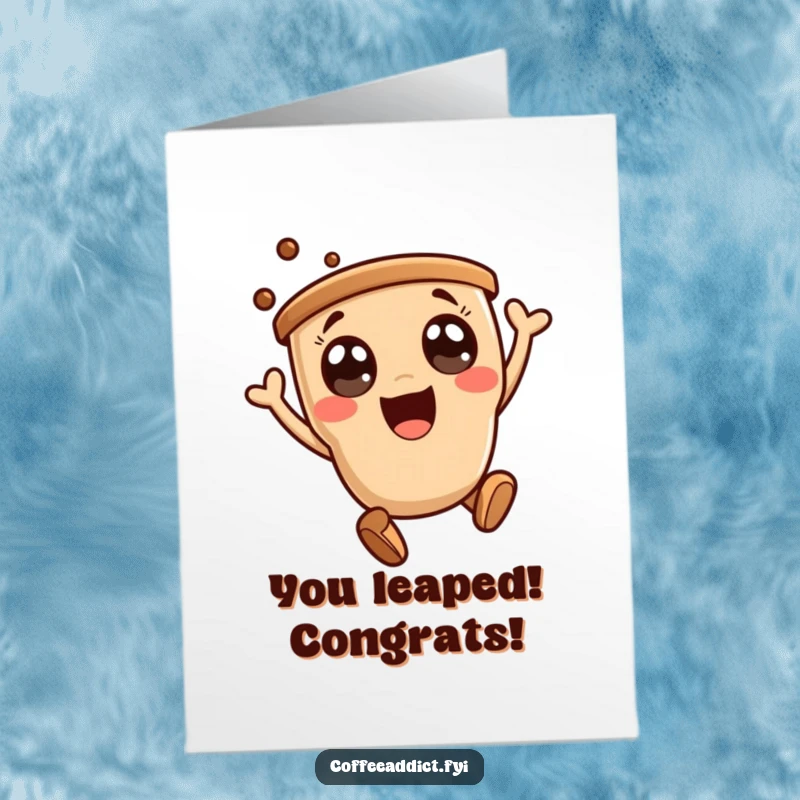 Funny Free Printable Congratulations Card: A kawaii coffee character performs an ecstatic leap, perfect for celebrating any achievement with glee.