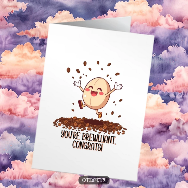 Funny Free Printable Congratulations Card: Coffee Bean Character Leaping with Joy, Spreading Grounds Like Festive Confetti