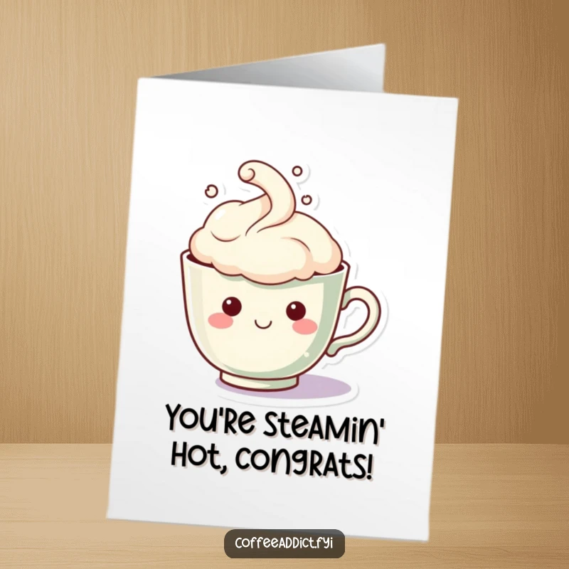 Funny Free Printable Congratulations Card: Kawaii teacup with a happy steam face cloud, celebrating success with downloadable warmth.