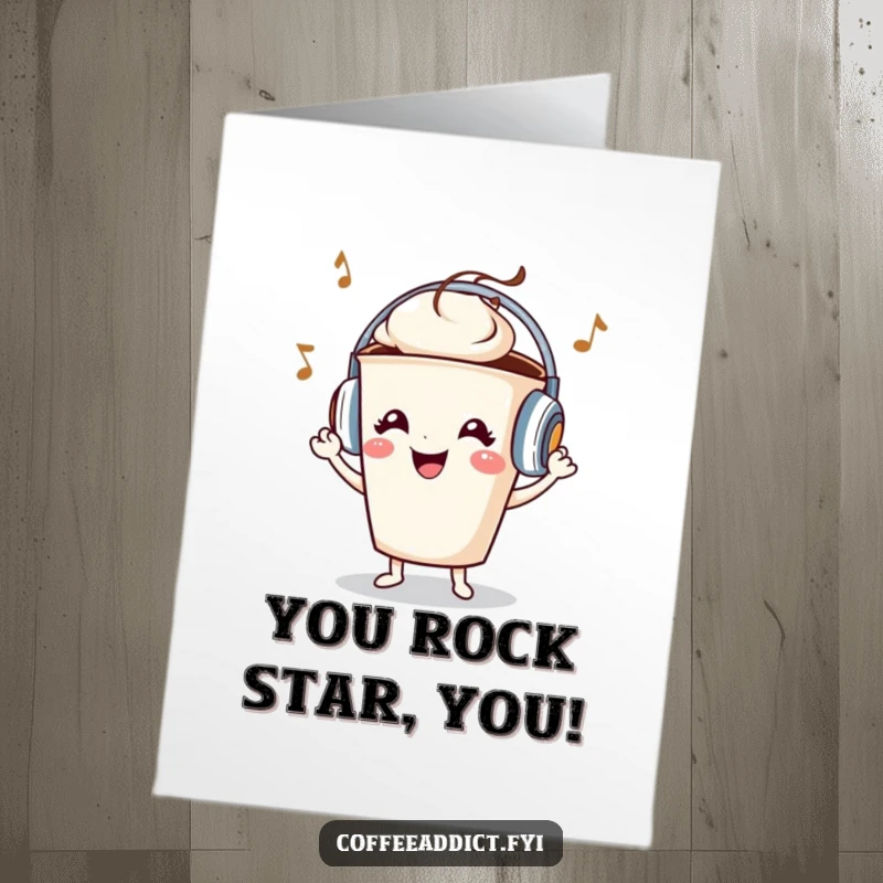 Free Printable Congratulations Card: A cheerful coffee cup character wearing headphones, dancing energetically with a wide, happy grin.