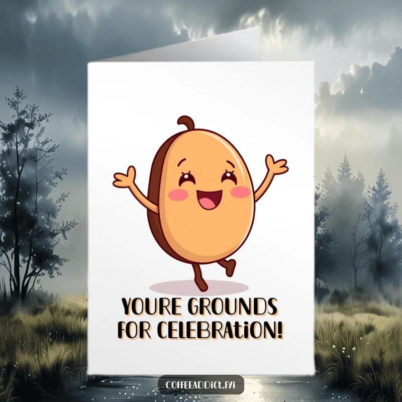 Funny Free Printable Congratulations Card: A cheerful coffee bean performs an energetic cartwheel to celebrate achievements.