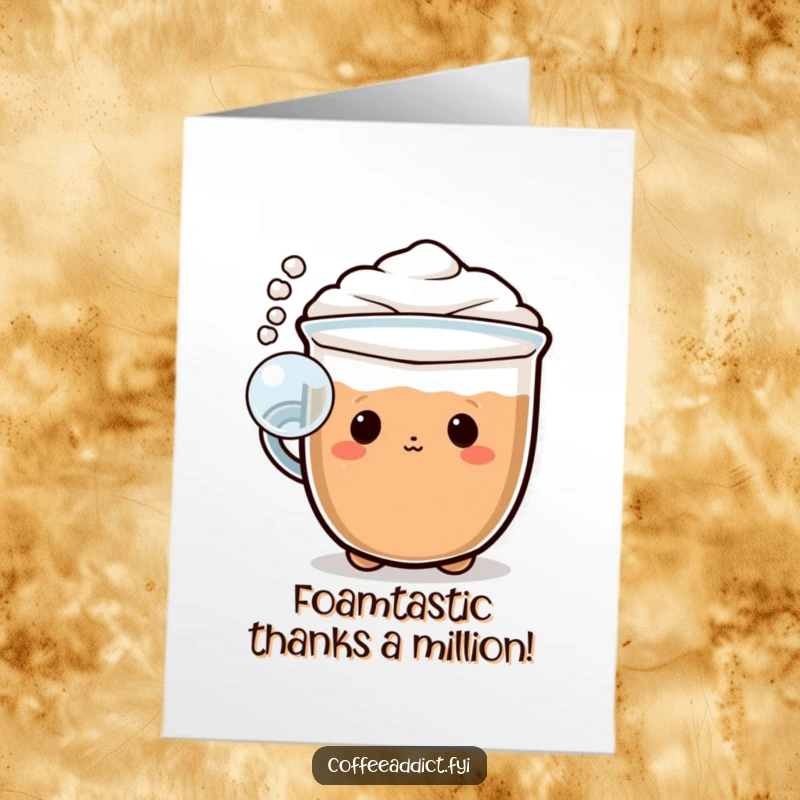 Funny Free Printable Thank You Card: Kawaii cappuccino character blowing a playful bubble of foam to say thank you.