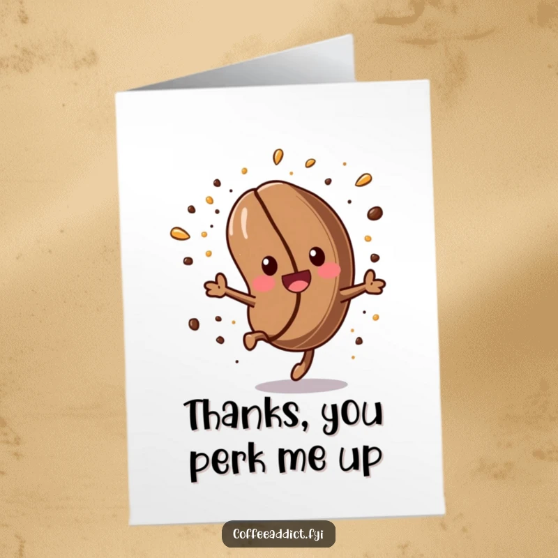 Funny Free Printable Thank You Card: Kawaii coffee bean character performing an energetic somersault with sprinkles, expressing thanks joyfully.