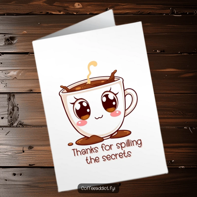 Funny Free Printable Thank You Card: An excited coffee cup character, about to spill, expresses enthusiastic thanks.